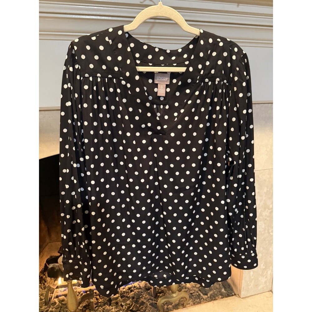 Chico’s Pullover Black And White Polka Dot Long Sleeve Blouse Size 000